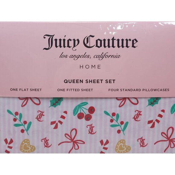 Juicy Couture Queen Sheet Set Christmas Candy Cane & Cherry Pattern Polyester - Picture 3 of 10